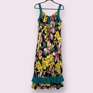 Vintage Faith Resortwear Beaded Tropical Blue Yellow Pink Dress